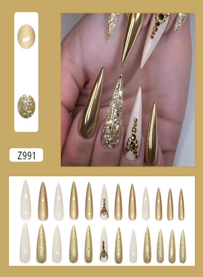 Maigitur Gold Press on Nails Long Stiletto Fake Nails with Design Golden Glitter Glue on Nails Rhinestone Fake Nails Glossy Reusable Artificial Gold Nails for Women Girls Manicure 24pcs - Image 2